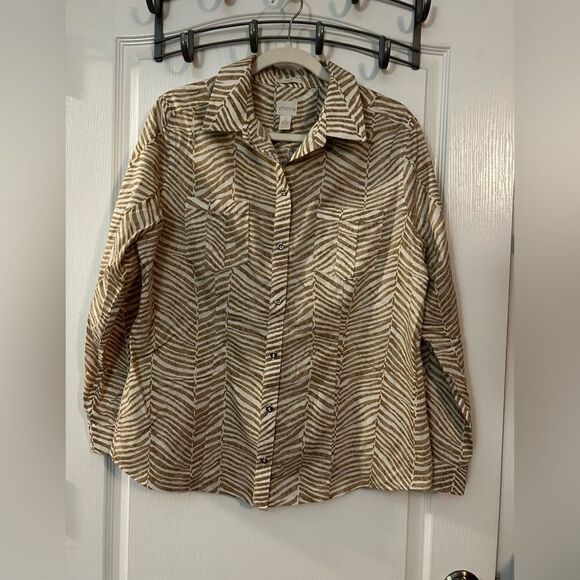 Chico’s No-Iron zebra Print Roll-Tab Sleeve Shirt White Tan size 2 Large EUC - Picture 1 of 13